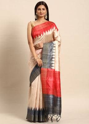 Grey Tussar Silk Saree With Blouse Piece