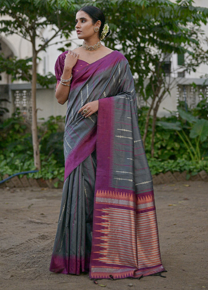 Grey Dupion Silk Saree With Blouse Piece