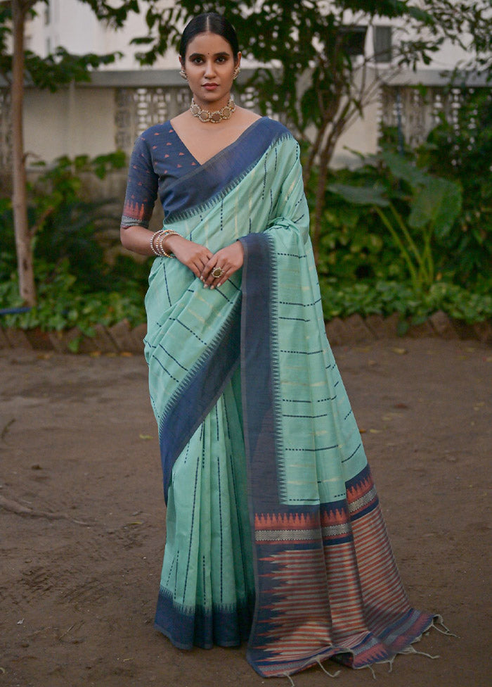 Sea Green Dupion Silk Saree With Blouse Piece