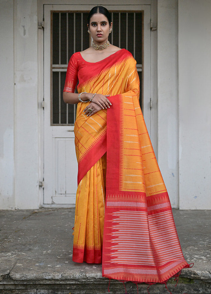 Yellow Dupion Silk Saree With Blouse Piece