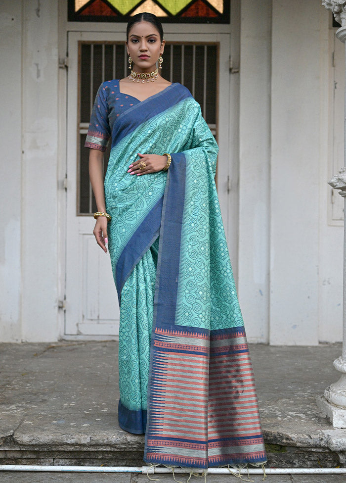 Sea Green Dupion Silk Saree With Blouse Piece