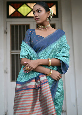 Sea Green Dupion Silk Saree With Blouse Piece