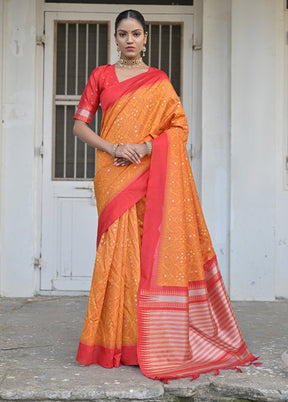 Yellow Dupion Silk Saree With Blouse Piece