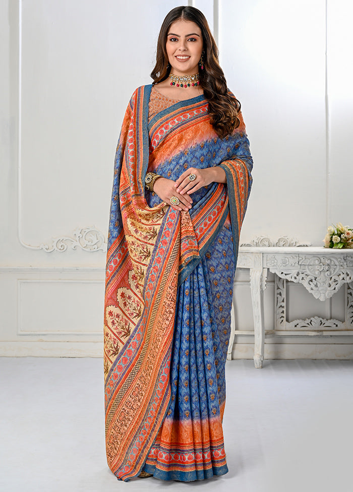 Blue Dupion Silk Saree With Blouse Piece - Indian Silk House Agencies