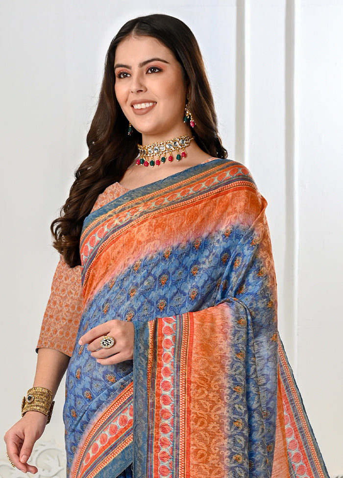 Blue Dupion Silk Saree With Blouse Piece - Indian Silk House Agencies