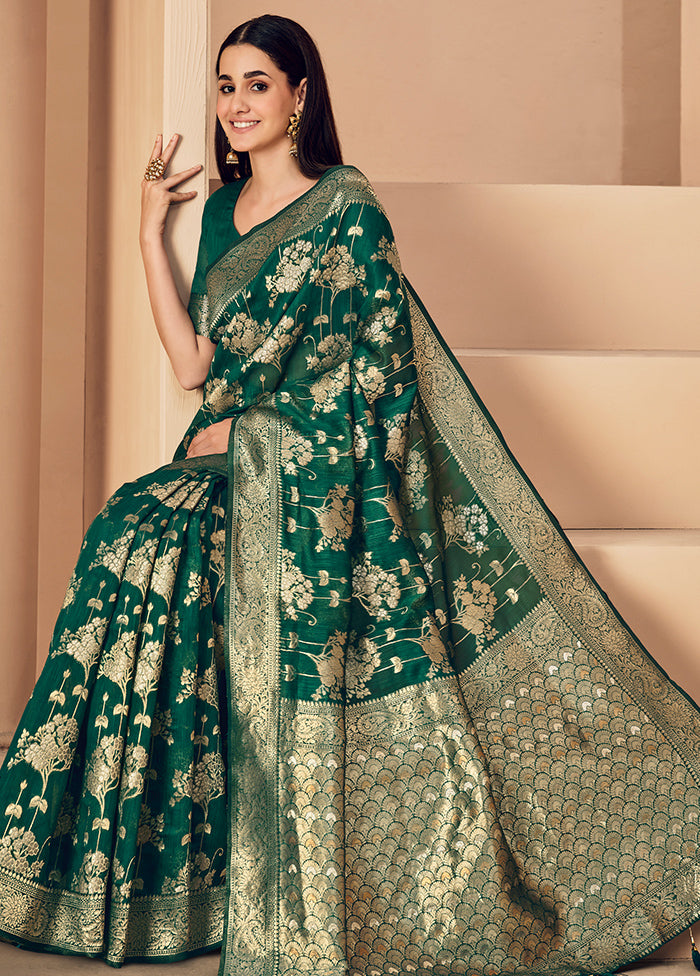 Dark Green Spun Silk Saree With Blouse Piece - Indian Silk House Agencies