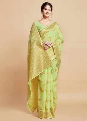 Green Spun Silk Saree With Blouse Piece - Indian Silk House Agencies