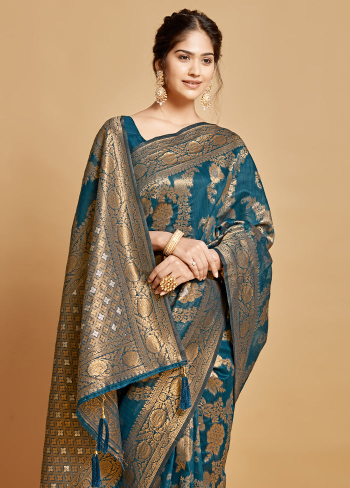 Blue Spun Silk Saree With Blouse Piece - Indian Silk House Agencies