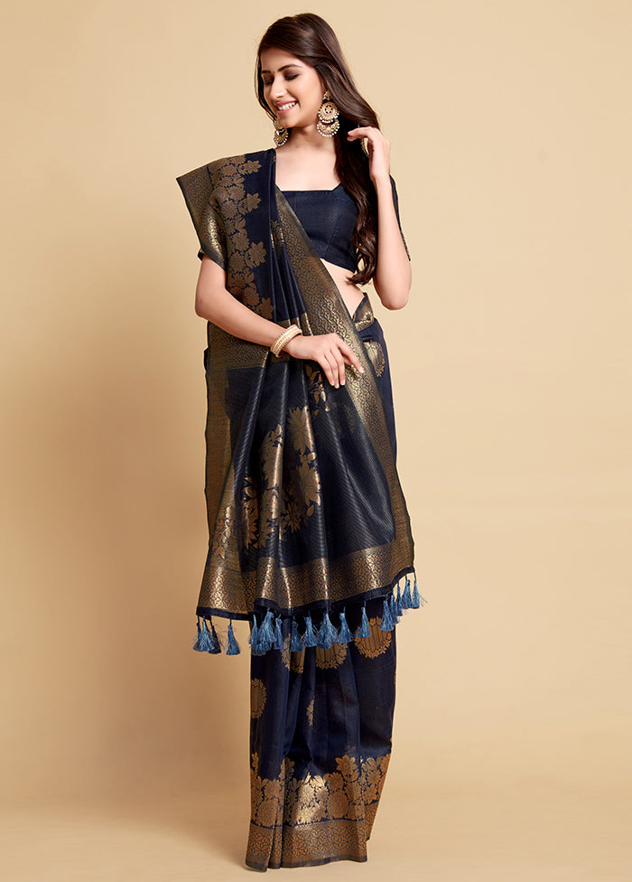 Navy Blue Spun Silk Saree With Blouse Piece - Indian Silk House Agencies