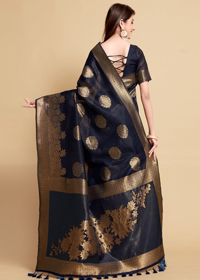 Navy Blue Spun Silk Saree With Blouse Piece - Indian Silk House Agencies