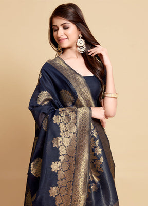 Navy Blue Spun Silk Saree With Blouse Piece - Indian Silk House Agencies