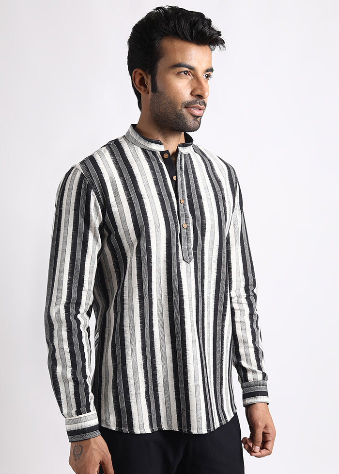 Black Cotton Full Sleeves Mandarin Collar Short Kurta - Indian Silk House Agencies