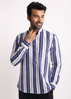 Blue Cotton Full Sleeves Mandarin Collar Short Kurta - Indian Silk House Agencies