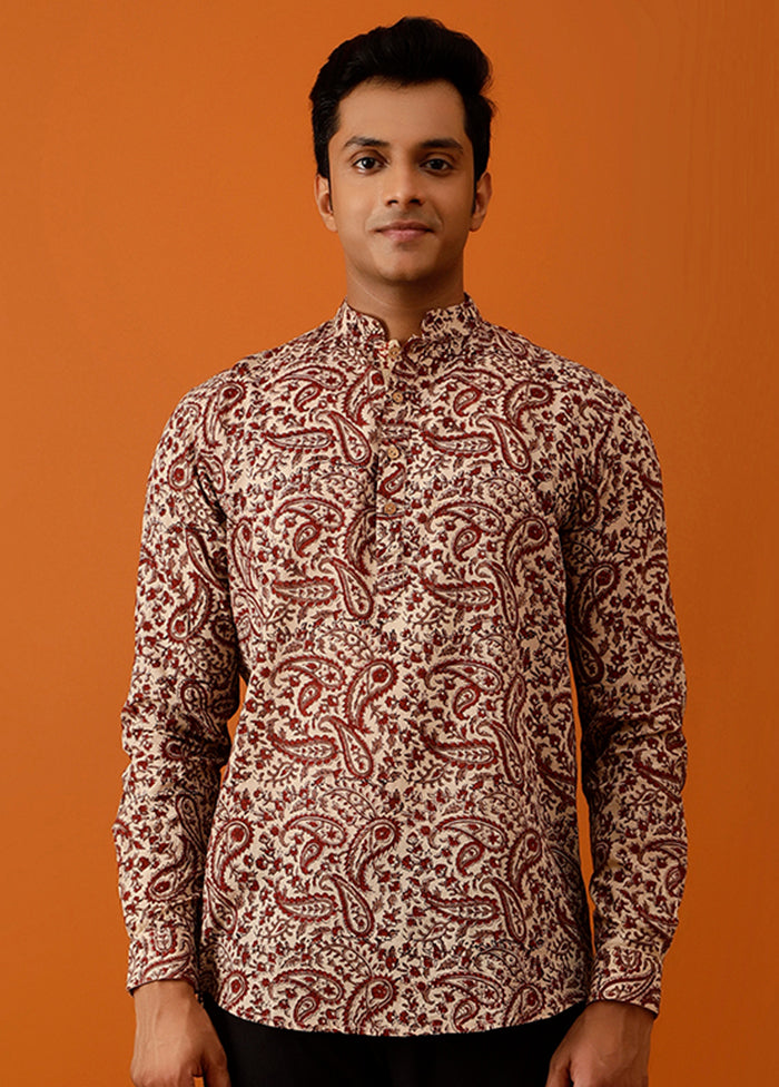 Beige Cotton Full Sleeves Mandarin Collar Short Kurta - Indian Silk House Agencies