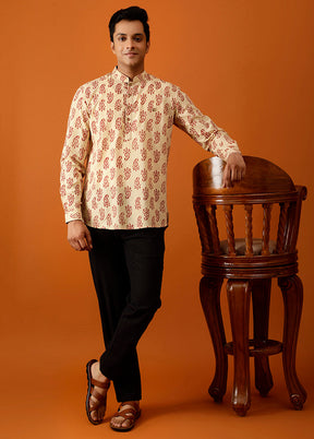 Beige Cotton Full Sleeves Mandarin Collar Short Kurta - Indian Silk House Agencies