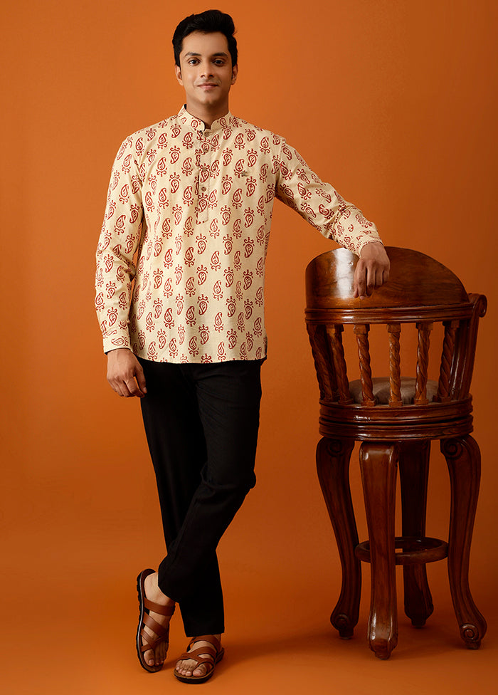 Beige Cotton Full Sleeves Mandarin Collar Short Kurta - Indian Silk House Agencies