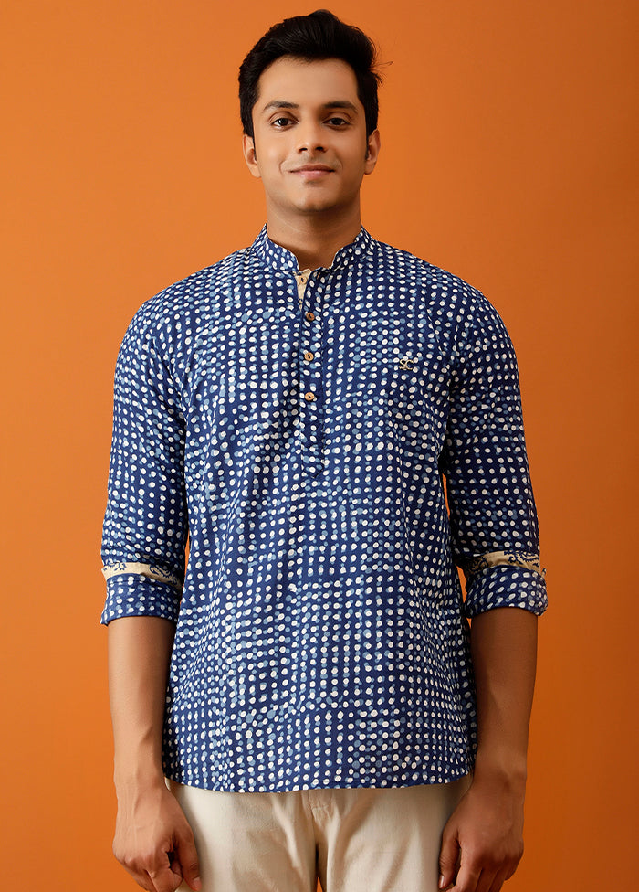 Blue Cotton Full Sleeves Mandarin Collar Short Kurta - Indian Silk House Agencies