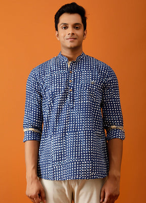 Blue Cotton Full Sleeves Mandarin Collar Short Kurta - Indian Silk House Agencies