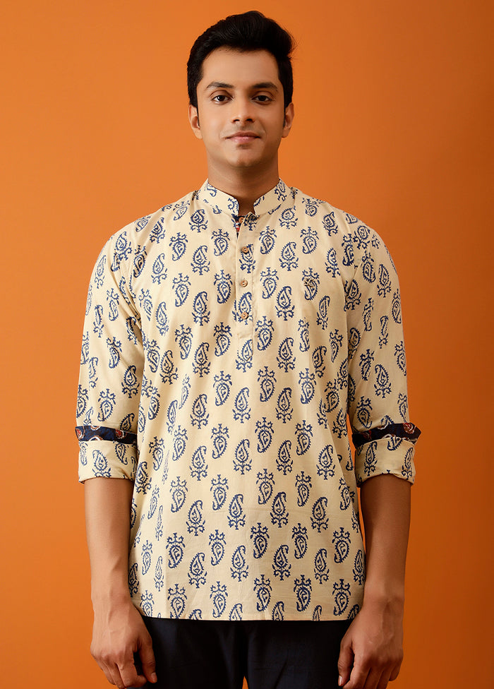 Beige Cotton Full Sleeves Mandarin Collar Short Kurta - Indian Silk House Agencies