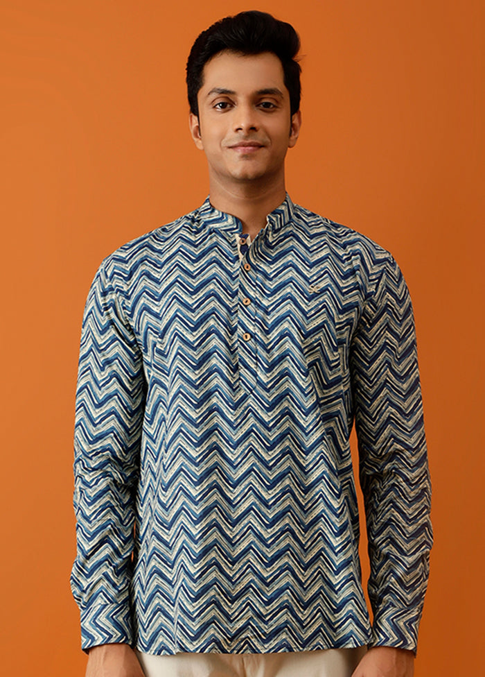 Blue Cotton Full Sleeves Mandarin Collar Short Kurta - Indian Silk House Agencies