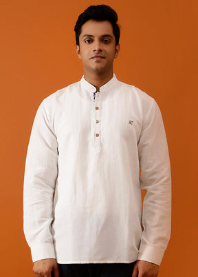 White Cotton Full Sleeves Mandarin Collar Short Kurta - Indian Silk House Agencies