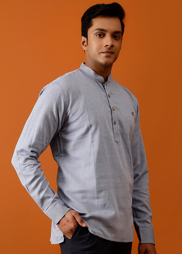 Blue Cotton Full Sleeves Mandarin Collar Short Kurta - Indian Silk House Agencies