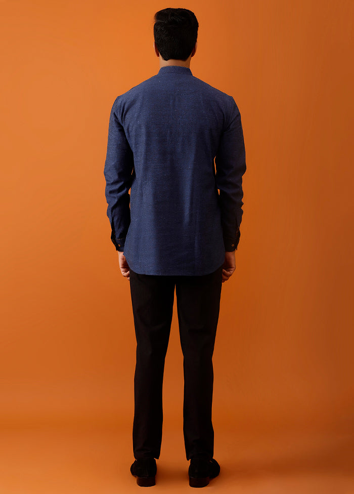 Dark Blue Cotton Full Sleeves Mandarin Collar Short Kurta