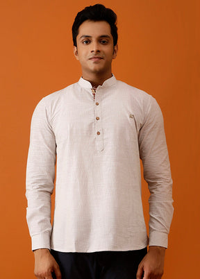 Off White Cotton Full Sleeves Mandarin Collar Short Kurta - Indian Silk House Agencies