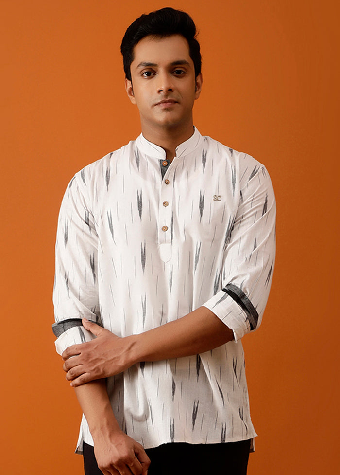 White Cotton Full Sleeves Mandarin Collar Short Kurta - Indian Silk House Agencies