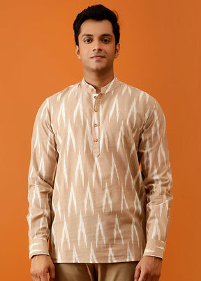 Beige Cotton Full Sleeves Mandarin Collar Short Kurta - Indian Silk House Agencies