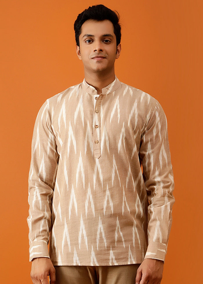 Beige Cotton Full Sleeves Mandarin Collar Short Kurta - Indian Silk House Agencies