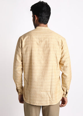 Beige Cotton Full Sleeves Mandarin Collar Short Kurta - Indian Silk House Agencies