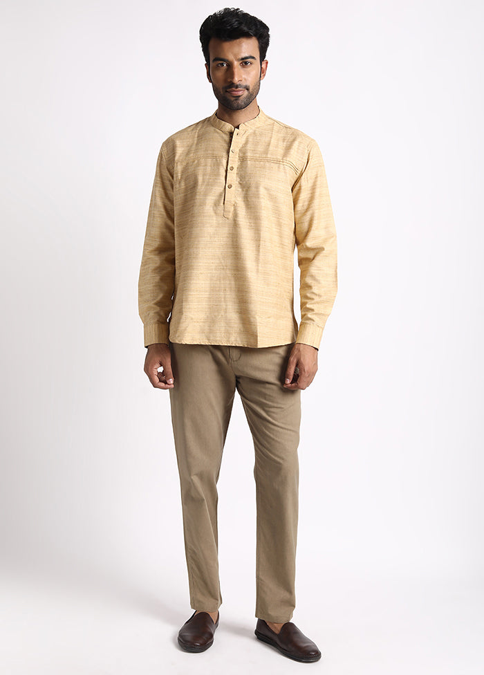 Beige Cotton Full Sleeves Mandarin Collar Short Kurta - Indian Silk House Agencies