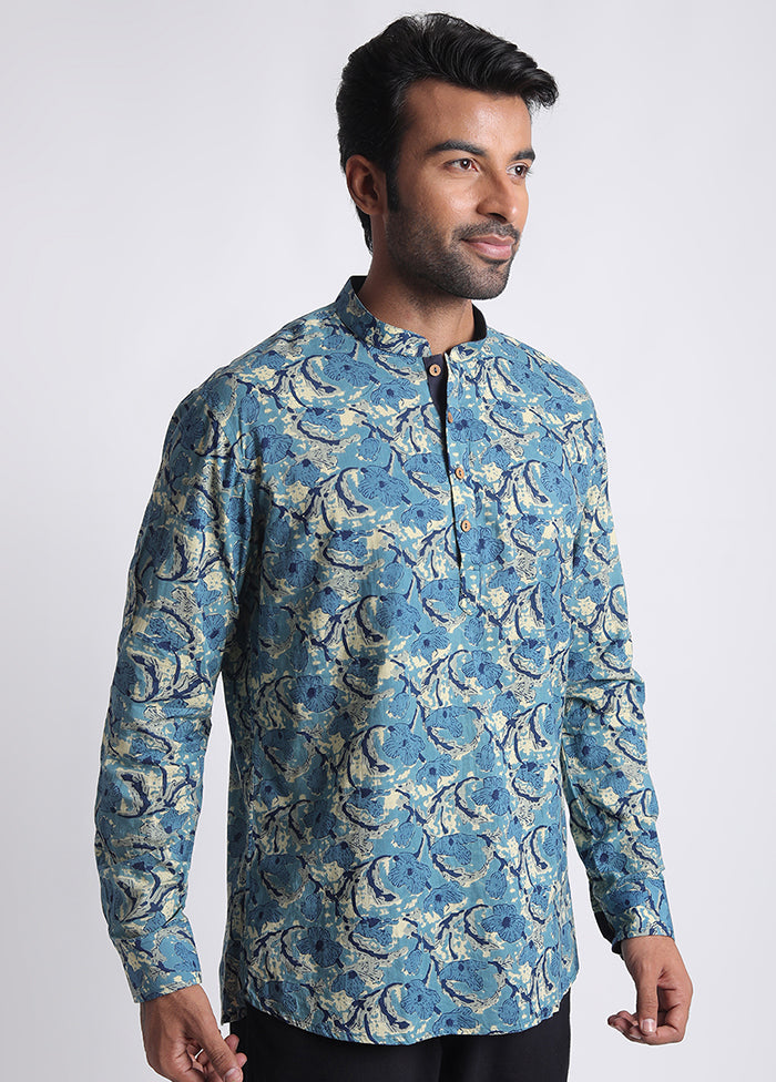 Blue Cotton Full Sleeves Mandarin Collar Short Kurta - Indian Silk House Agencies