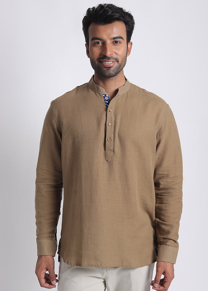 Brown Cotton Full Sleeves Mandarin Collar Short Kurta - Indian Silk House Agencies