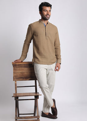 Brown Cotton Full Sleeves Mandarin Collar Short Kurta