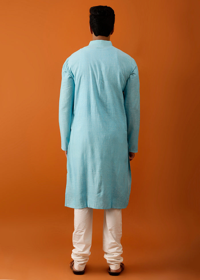 Green Cotton Full Sleeves Mandarin Collar Long Kurta And Pajama Set - Indian Silk House Agencies