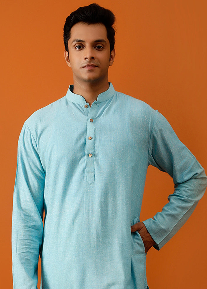 Green Cotton Full Sleeves Mandarin Collar Long Kurta And Pajama Set - Indian Silk House Agencies