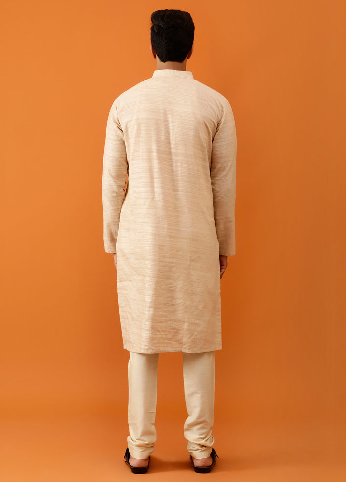 Beige Cotton Full Sleeves Mandarin Collar Long Kurta And Pajama Set - Indian Silk House Agencies