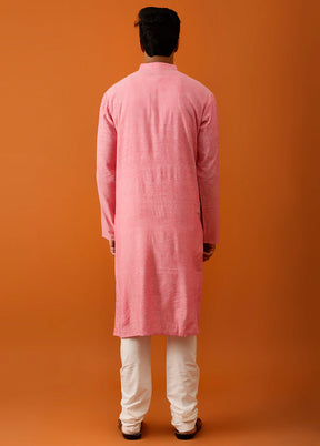 Dark Pink Cotton Full Sleeves Mandarin Collar Long Kurta And Pajama Set - Indian Silk House Agencies