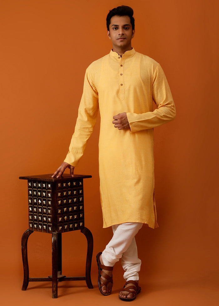 Yellow Cotton Full Sleeves Mandarin Collar Long Kurta And Pajama Set - Indian Silk House Agencies