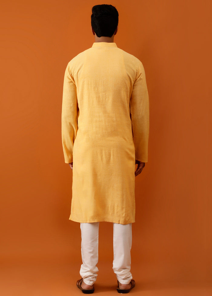 Yellow Cotton Full Sleeves Mandarin Collar Long Kurta And Pajama Set - Indian Silk House Agencies