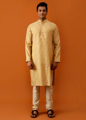 Golden Cotton Full Sleeves Mandarin Collar Long Kurta And Pajama Set - Indian Silk House Agencies