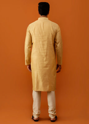 Golden Cotton Full Sleeves Mandarin Collar Long Kurta And Pajama Set - Indian Silk House Agencies