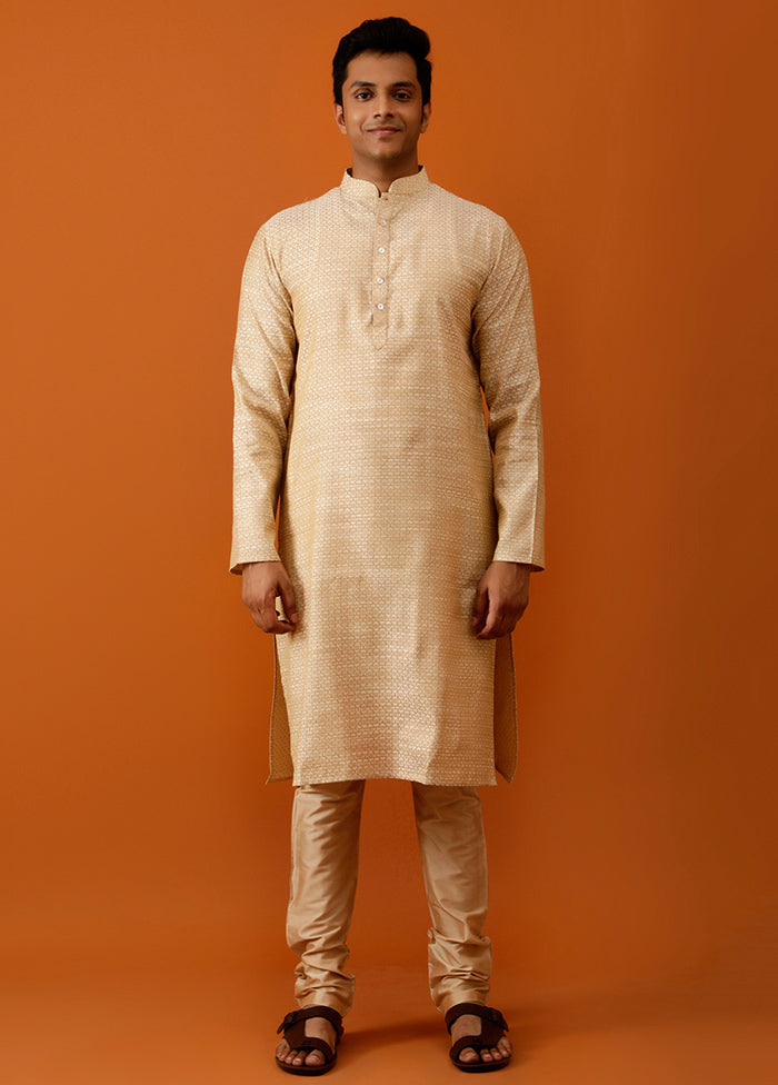 Beige Cotton Full Sleeves Mandarin Collar Long Kurta And Pajama Set - Indian Silk House Agencies