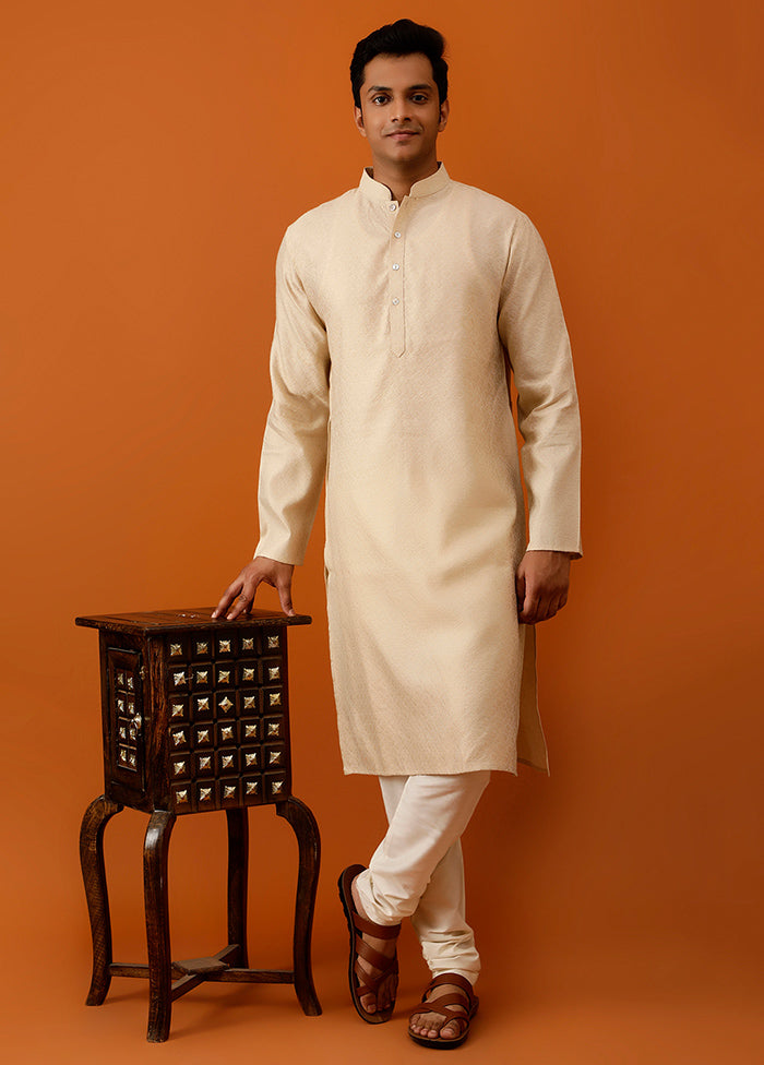 Beige Cotton Full Sleeves Mandarin Collar Long Kurta And Pajama Set - Indian Silk House Agencies