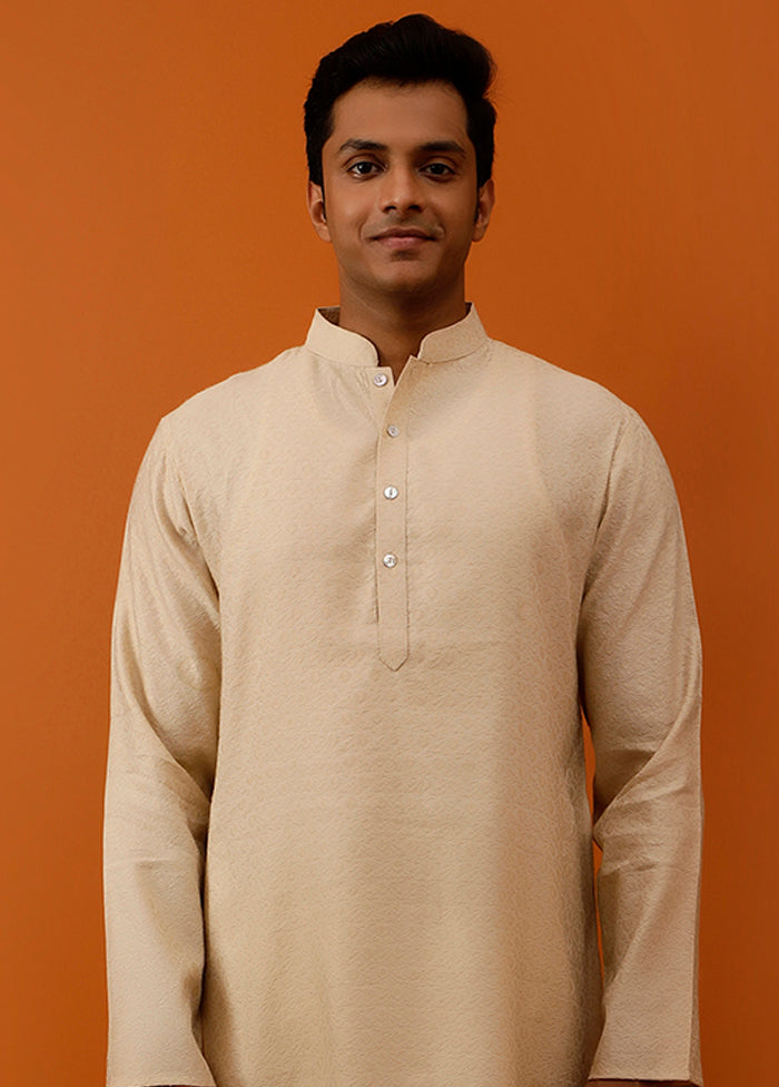 Beige Cotton Full Sleeves Mandarin Collar Long Kurta And Pajama Set - Indian Silk House Agencies