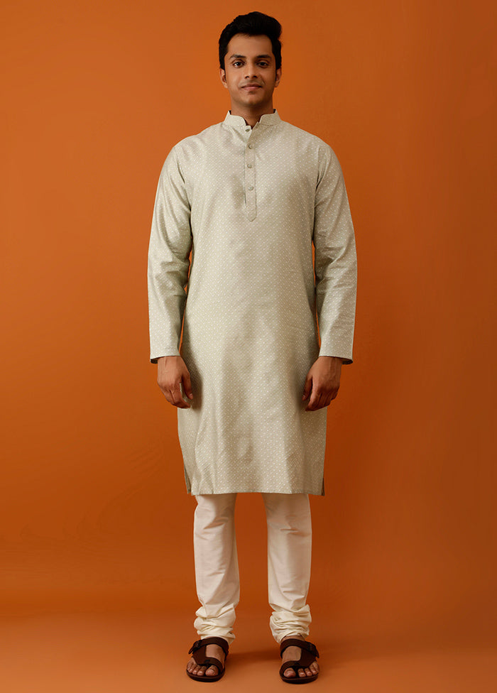 Olive Green Cotton Full Sleeves Mandarin Collar Long Kurta And Pajama Set - Indian Silk House Agencies