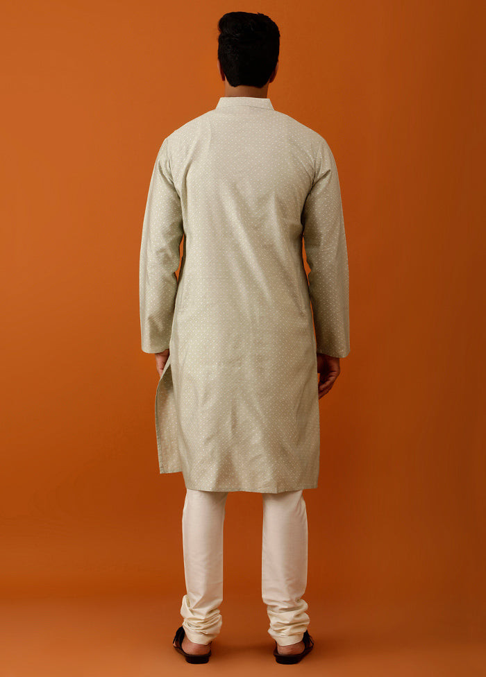 Olive Green Cotton Full Sleeves Mandarin Collar Long Kurta And Pajama Set - Indian Silk House Agencies