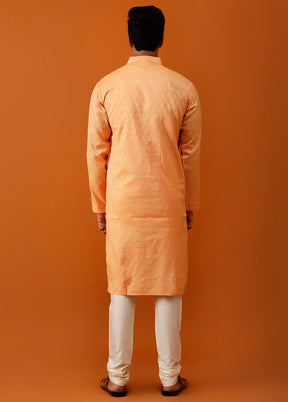 Orange Cotton Full Sleeves Mandarin Collar Long Kurta And Pajama Set - Indian Silk House Agencies